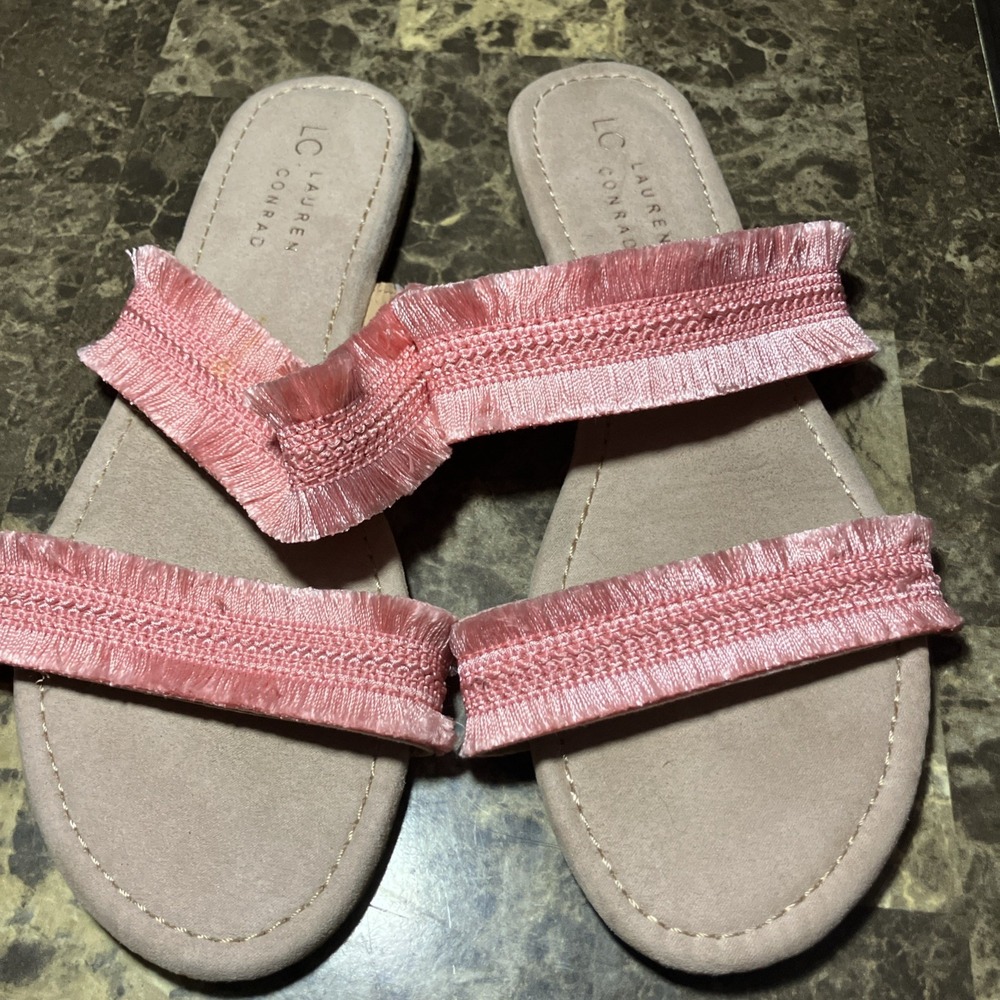 LC Lauren Conrad Womens Pink Slip On Fringe Casual Slide Sandal Size M 5-6